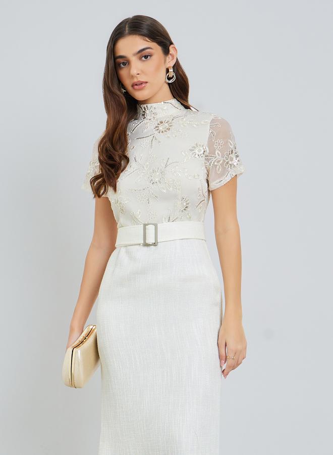 Styli Women Off White Lace Short Sleeves Sheath Maxi Dress - Image 1